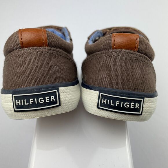 ~ Tommy Hilfiger Kids Sneakers 7 Brown Canvas Rubber Hook & Loop Blue ~ - Picture 5 of 14